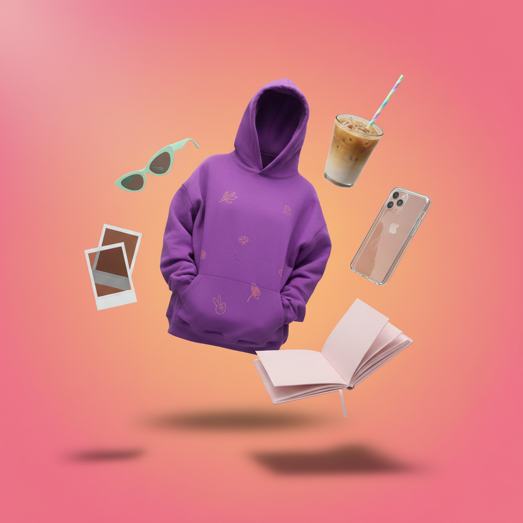 Purple hoodie with sunglasses, coffee, phone, and book on a gradient background