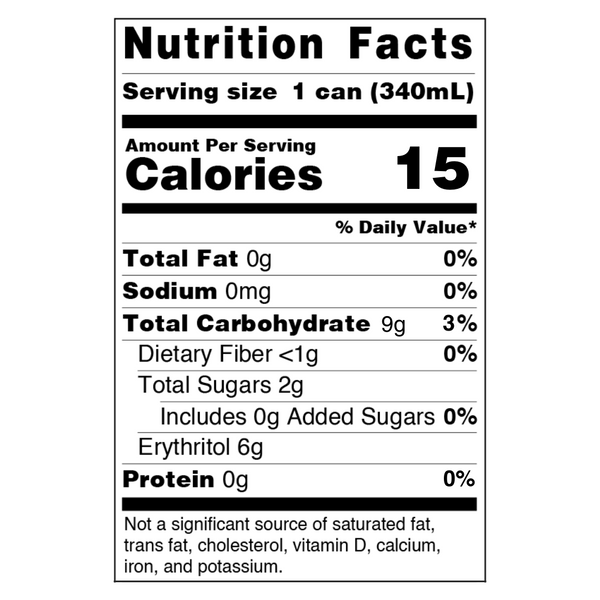 Nutrition facts label showing serving size, calories, and nutrient content for a 340mL can.